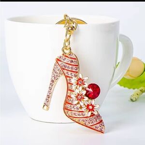 Diamond High Heel Flower Key Ring Rhinestone Crystals Red Fashion Jewelry